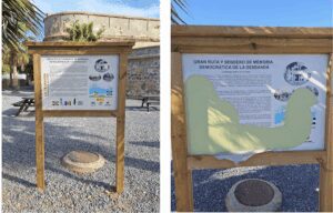 Destrozan todos los paneles de "La Desbandá" en el Fuerte de Carchuna, Lugar de Memoria Democrática 2 Sendas imáganes de cómo lucían dos carteles informativos y después del ataque que han sufrido. Asociación Socio Cultural y Club Senderista La Desbandá.